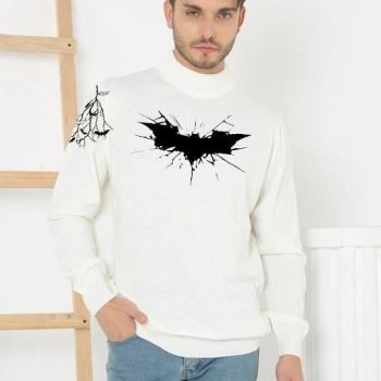 Erkek Yarım Bağazlı Kazak Baskılı Dokuma Triko - Beyaz