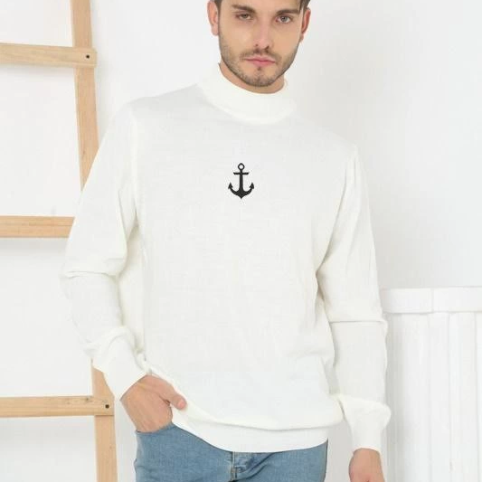 Erkek Yarım Bağazlı Kazak Baskılı Dokuma Triko - Beyaz