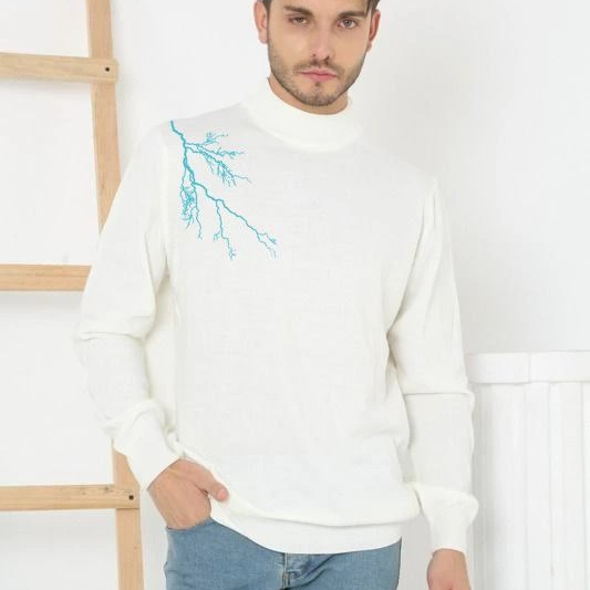 Erkek Yarım Bağazlı Kazak Baskılı Dokuma Triko - Beyaz