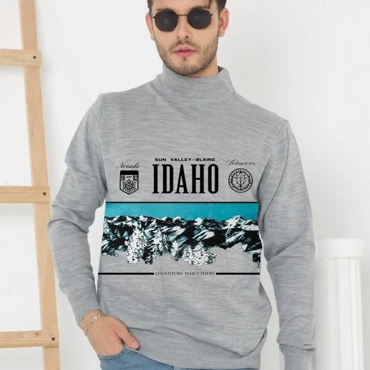 Erkek Yarım Bağazlı Kazak Baskılı Dokuma Triko - Gri