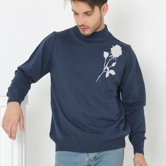 Erkek Yarım Bağazlı Kazak Baskılı Dokuma Triko - Lacivert