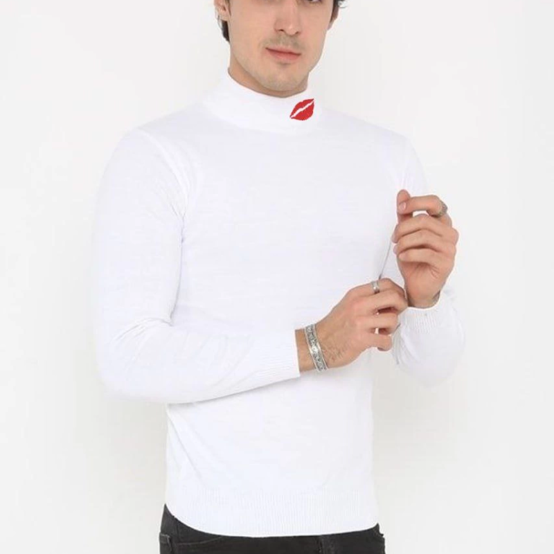 Erkek Yarım Bağazlı Kazak Öpücük Baskılı Dokuma Triko - Beyaz