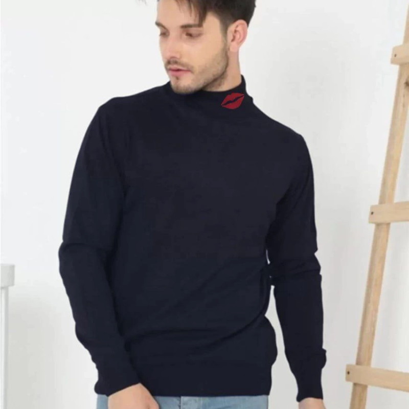 Erkek Yarım Bağazlı Kazak Öpücük Baskılı Dokuma Triko - Lacivert