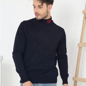 Erkek Yarım Bağazlı Kazak Öpücük Baskılı Dokuma Triko - Lacivert