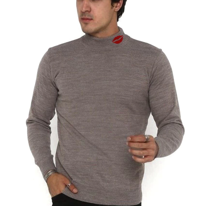 Erkek Yarım Bağazlı Kazak Öpücük Baskılı Dokuma Triko - Vizon