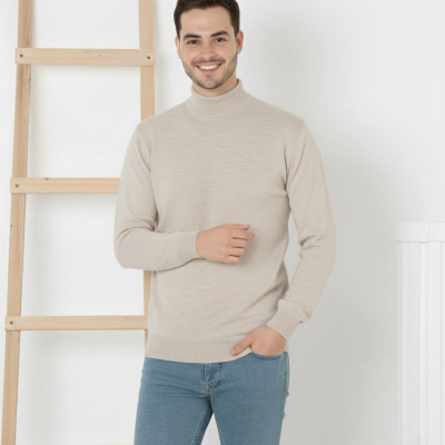 Erkek Yarım Boğaz Triko Yumuşak İnce Dokulu Pamuklu Uzun Kollu Kazak - Krem