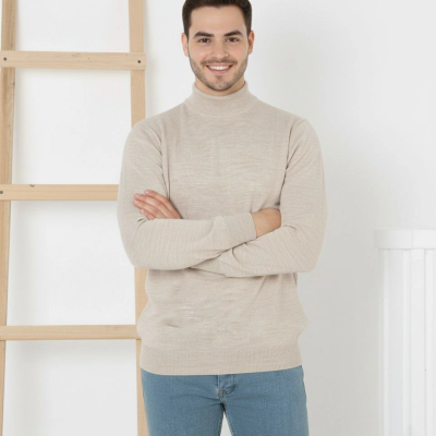 Erkek Yarım Boğaz Triko Yumuşak İnce Dokulu Pamuklu Uzun Kollu Kazak - Krem