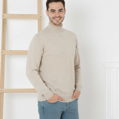 Erkek Yarım Boğaz Triko Yumuşak İnce Dokulu Pamuklu Uzun Kollu Kazak - Krem