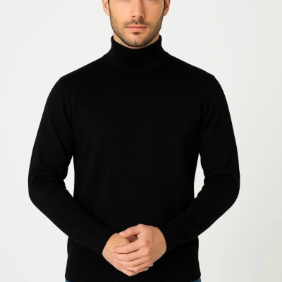 Erkek Yarım Boğaz Triko Yumuşak İnce Dokulu Pamuklu Uzun Kollu Kazak -  Siyah