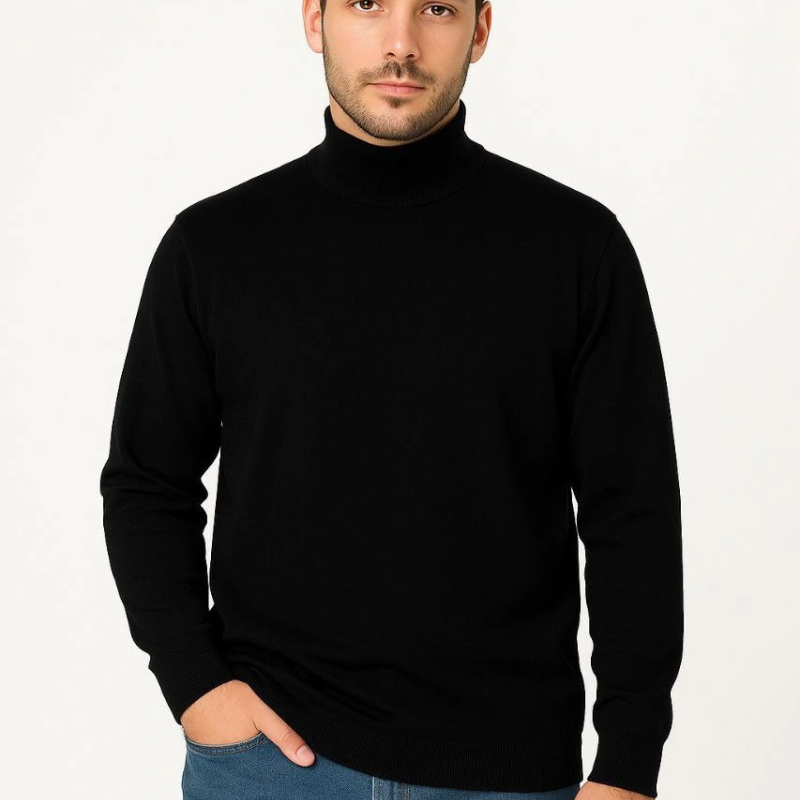 Erkek Yarım Boğaz Triko Yumuşak İnce Dokulu Pamuklu Uzun Kollu Kazak -  Siyah