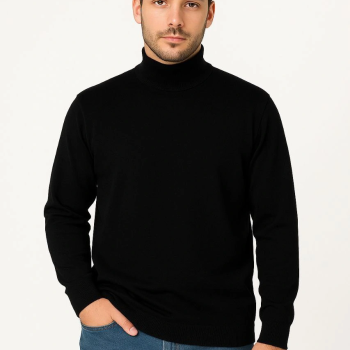 Erkek Yarım Boğaz Triko Yumuşak İnce Dokulu Pamuklu Uzun Kollu Kazak -  Siyah