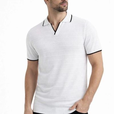 Erkek Yazlık Dokuma Triko Tişört Düğmesiz  Polo Yaka Kısa Kol T-Shirt - Beyaz