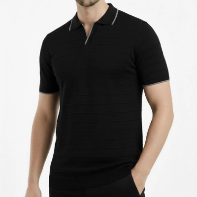 Erkek Yazlık Dokuma Triko Tişört Düğmesiz Polo Yaka Kısa Kol T-Shirt - Siyah