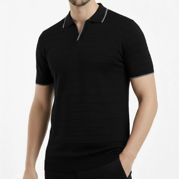 Erkek Yazlık Dokuma Triko Tişört Düğmesiz Polo Yaka Kısa Kol T-Shirt - Siyah
