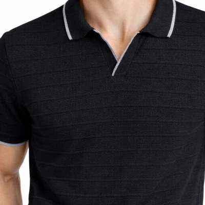 Erkek Yazlık Dokuma Triko Tişört Düğmesiz Polo Yaka Kısa Kol T-Shirt - Siyah