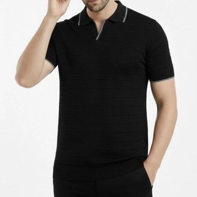 Erkek Yazlık Dokuma Triko Tişört Düğmesiz Polo Yaka Kısa Kol T-Shirt - Siyah
