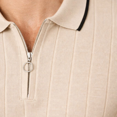 Erkek Yazlık Dokuma Triko Tişört Fermuarlı Polo Yaka Kısa Kol T-Shirt - Bej