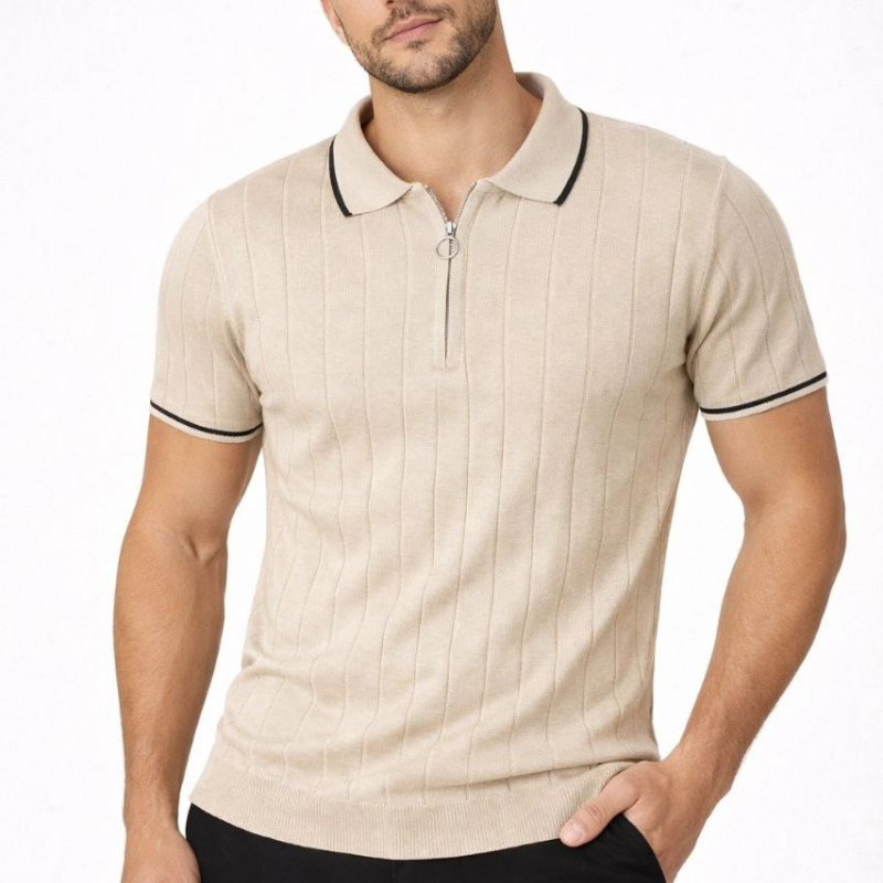 Erkek Yazlık Dokuma Triko Tişört Fermuarlı Polo Yaka Kısa Kol T-Shirt - Bej