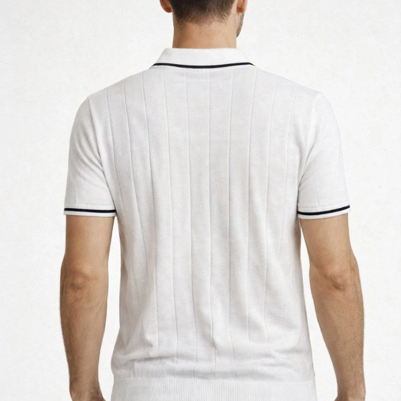 Erkek Yazlık Dokuma Triko Tişört Fermuarlı Polo Yaka Kısa Kol T-Shirt - Beyaz