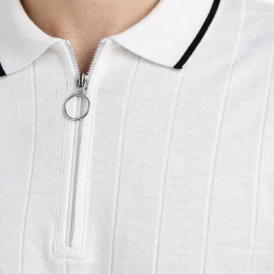 Erkek Yazlık Dokuma Triko Tişört Fermuarlı Polo Yaka Kısa Kol T-Shirt - Beyaz