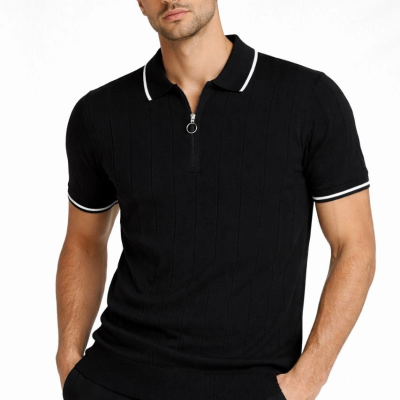 Erkek Yazlık Dokuma Triko Tişört Fermuarlı Polo Yaka Kısa Kol T-Shirt - Siyah