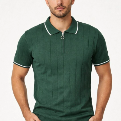 Erkek Yazlık Dokuma Triko Tişört Fermuarlı Polo Yaka Kısa Kol T-Shirt - Yeşil