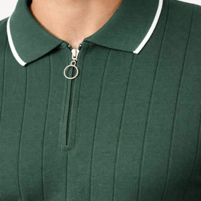 Erkek Yazlık Dokuma Triko Tişört Fermuarlı Polo Yaka Kısa Kol T-Shirt - Yeşil