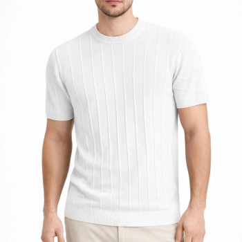 Erkek Yazlık Fitilli Triko Tişört Kısa Kol Bisiklet Yaka T-Shirt - Beyaz