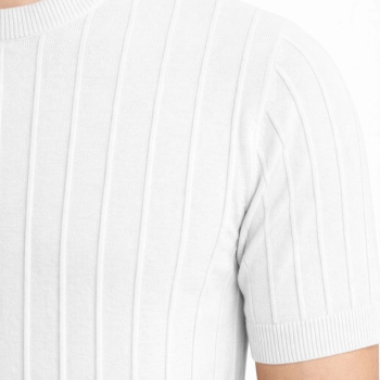 Erkek Yazlık Fitilli Triko Tişört Kısa Kol Bisiklet Yaka T-Shirt - Beyaz