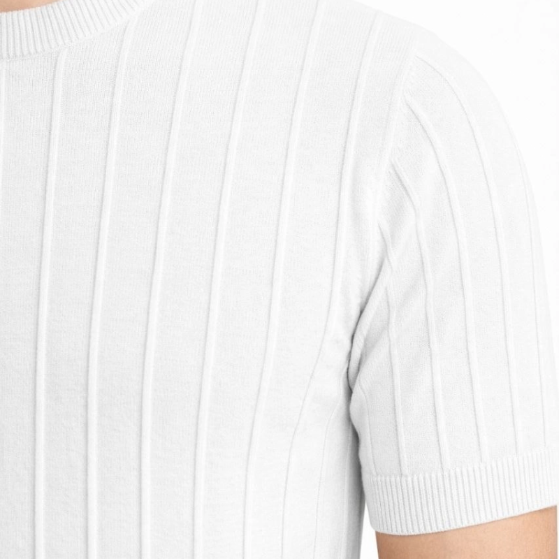 Erkek Yazlık Fitilli Triko Tişört Kısa Kol Bisiklet Yaka T-Shirt - Beyaz