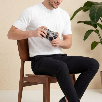 Erkek Yazlık Fitilli Triko Tişört Kısa Kol Bisiklet Yaka T-Shirt - Beyaz