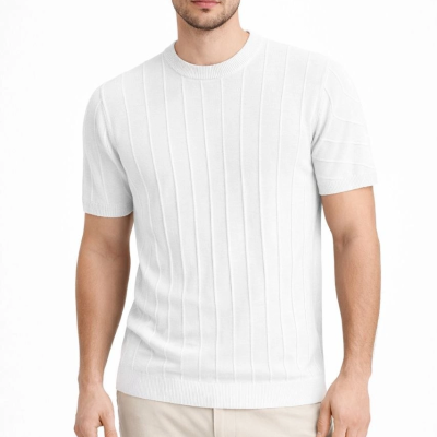 Erkek Yazlık Fitilli Triko Tişört Kısa Kol Bisiklet Yaka T-Shirt - Beyaz