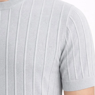 Erkek Yazlık Fitilli Triko Tişört Kısa Kol Bisiklet Yaka T-Shirt - Gri