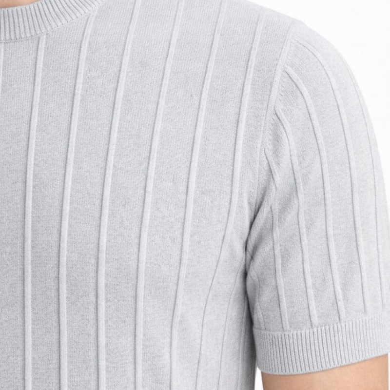 Erkek Yazlık Fitilli Triko Tişört Kısa Kol Bisiklet Yaka T-Shirt - Gri