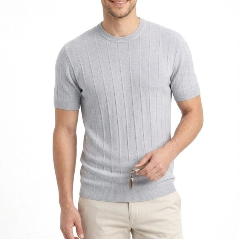 Erkek Yazlık Fitilli Triko Tişört Kısa Kol Bisiklet Yaka T-Shirt - Gri