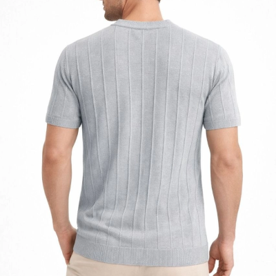 Erkek Yazlık Fitilli Triko Tişört Kısa Kol Bisiklet Yaka T-Shirt - Gri