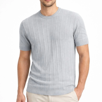 Erkek Yazlık Fitilli Triko Tişört Kısa Kol Bisiklet Yaka T-Shirt - Gri