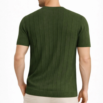 Erkek Yazlık Fitilli Triko Tişört Kısa Kol Bisiklet Yaka T-Shirt - Haki