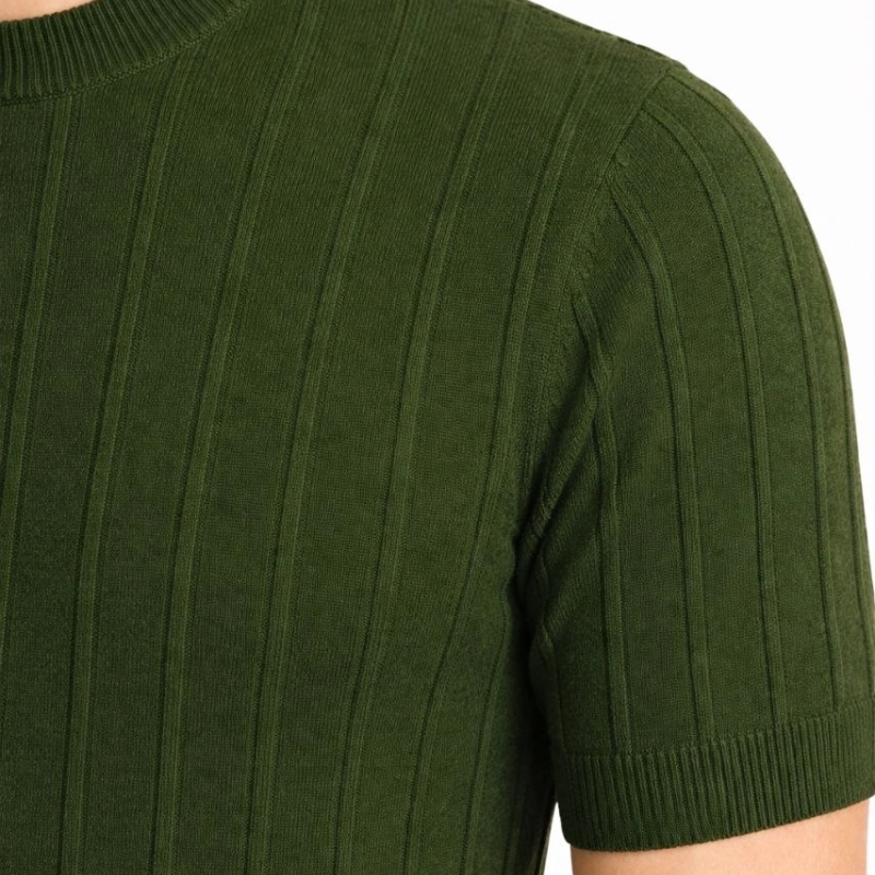 Erkek Yazlık Fitilli Triko Tişört Kısa Kol Bisiklet Yaka T-Shirt - Haki