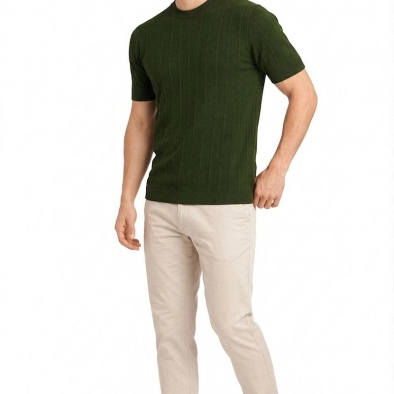 Erkek Yazlık Fitilli Triko Tişört Kısa Kol Bisiklet Yaka T-Shirt - Haki