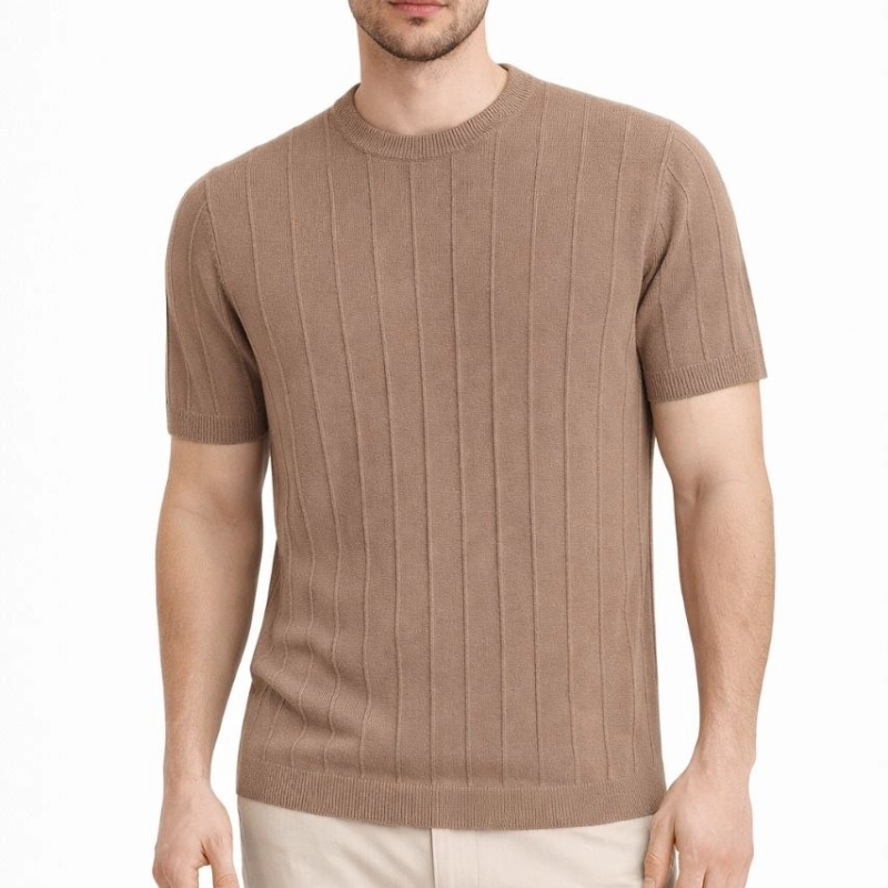 Erkek Yazlık Fitilli Triko Tişört Kısa Kol Bisiklet Yaka T-Shirt - Kahverengi