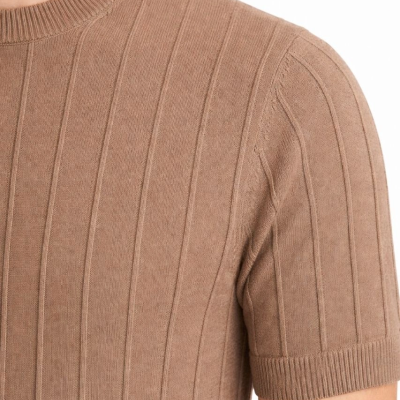 Erkek Yazlık Fitilli Triko Tişört Kısa Kol Bisiklet Yaka T-Shirt - Kahverengi