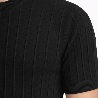 Erkek Yazlık Fitilli Triko Tişört Kısa Kol Bisiklet Yaka T-Shirt - Siyah