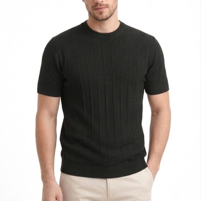 Erkek Yazlık Fitilli Triko Tişört Kısa Kol Bisiklet Yaka T-Shirt - Siyah