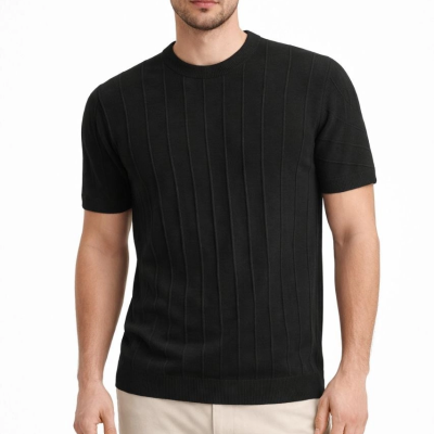 Erkek Yazlık Fitilli Triko Tişört Kısa Kol Bisiklet Yaka T-Shirt - Siyah