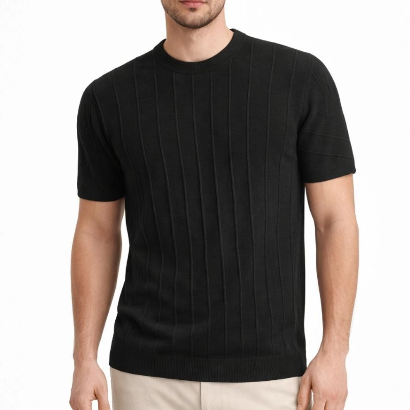 Erkek Yazlık Fitilli Triko Tişört Kısa Kol Bisiklet Yaka T-Shirt - Siyah