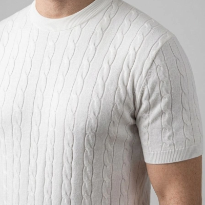 Erkek Yazlık Triko Dokuma Tişört Kısa Kol Bisiklet Yaka Örgü Desenli T-Shirt - Beyaz