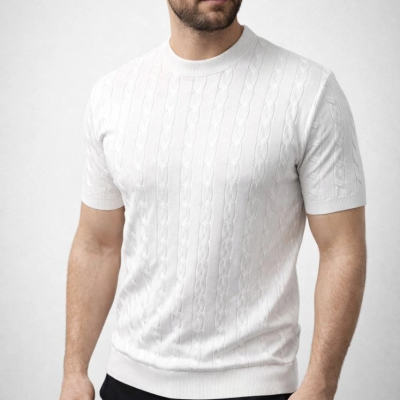 Erkek Yazlık Triko Dokuma Tişört Kısa Kol Bisiklet Yaka Örgü Desenli T-Shirt - Beyaz