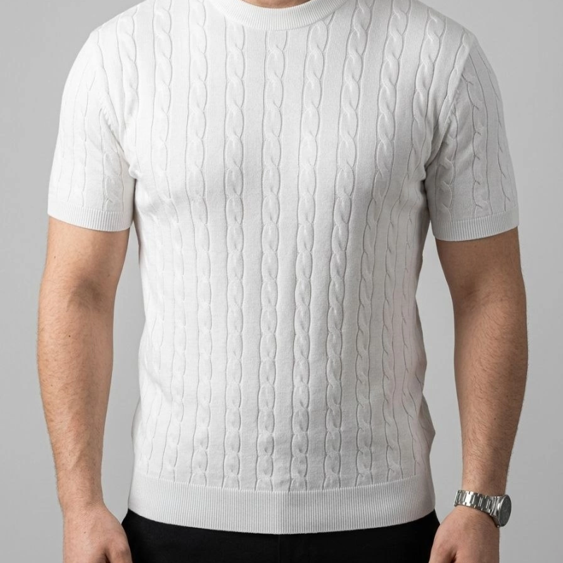 Erkek Yazlık Triko Dokuma Tişört Kısa Kol Bisiklet Yaka Örgü Desenli T-Shirt - Beyaz