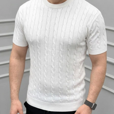 Erkek Yazlık Triko Dokuma Tişört Kısa Kol Bisiklet Yaka Örgü Desenli T-Shirt - Beyaz